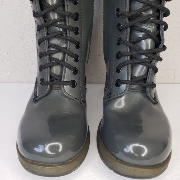 Dr Martens Dee 14 Eye Gray Patent Leather Heeled Lace-up Boots Womens 6-6.5 Diva - Picture 2 of 16